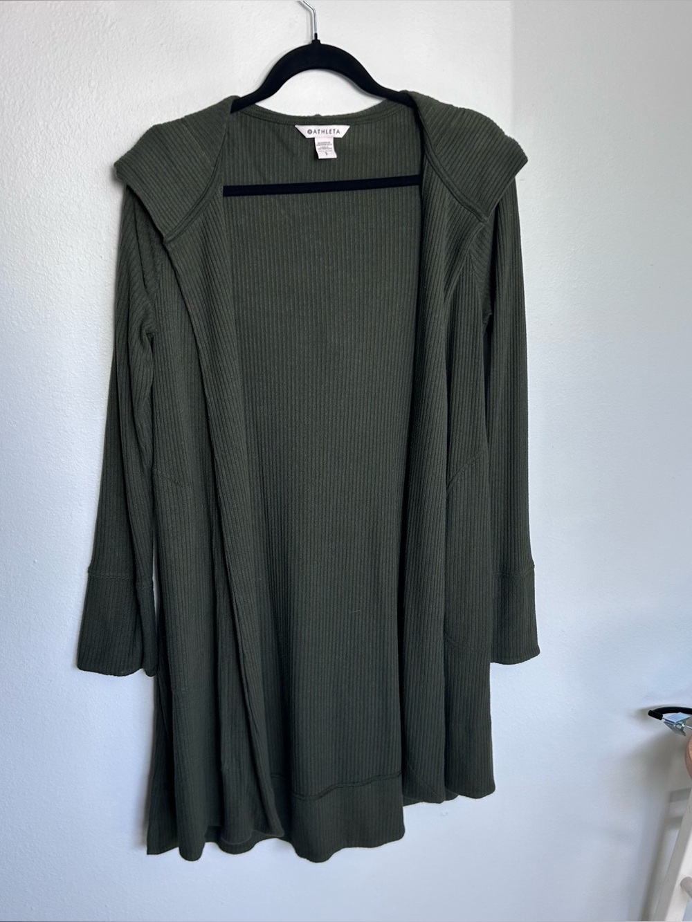 Athleta olive green ribbed long cardigan with thumb holes and hood size small
